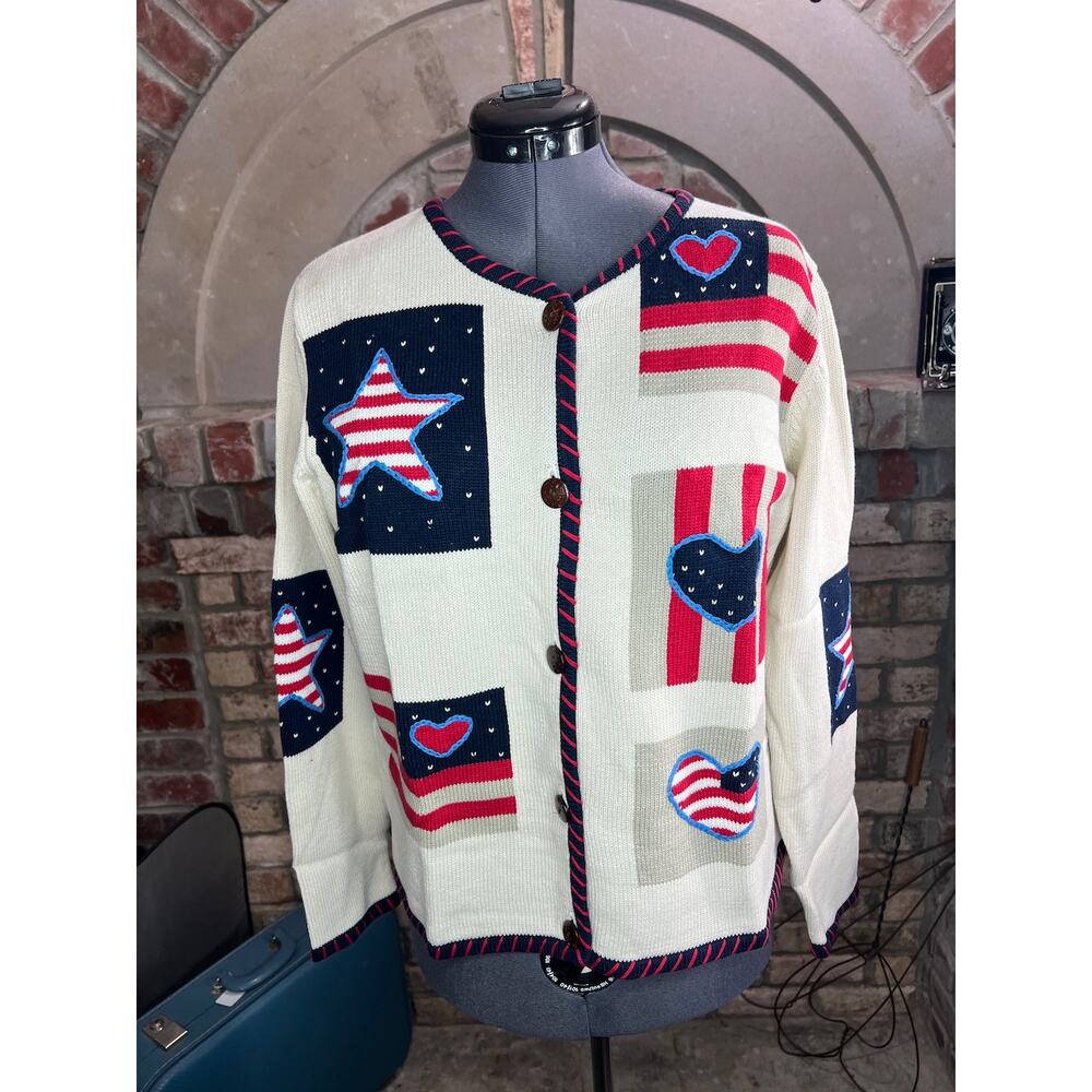 Norm Thompson cardigan sweater american flag red white blue star stripe